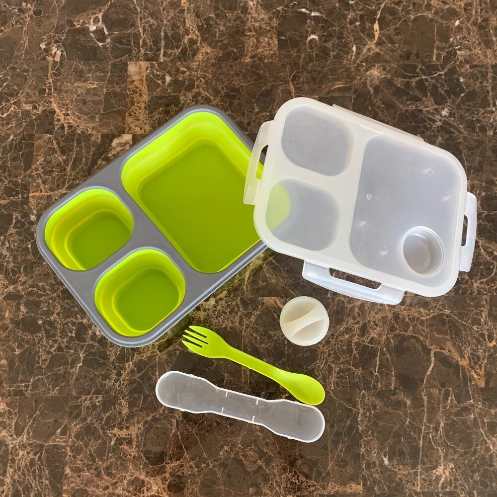 LUNCH BOX - Silicone Bento 3-Section Collapsible with Cutlery, FOOD STORAGE KIT